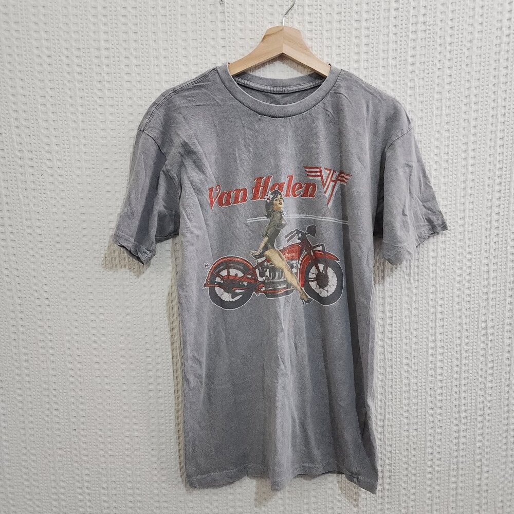 Van Halen Women’s Vintage Motorcycle Pin-Up Graphic Tee Gray Size Medium - Picture 2 of 11